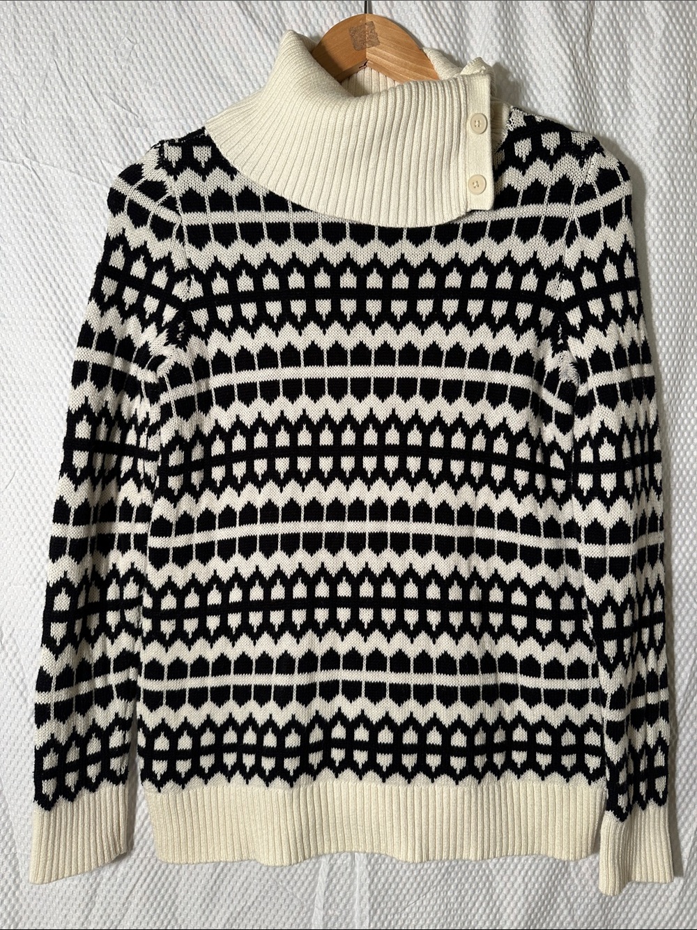 Talbots Black & Cream Button Cowl-Neck Patterned Sweater